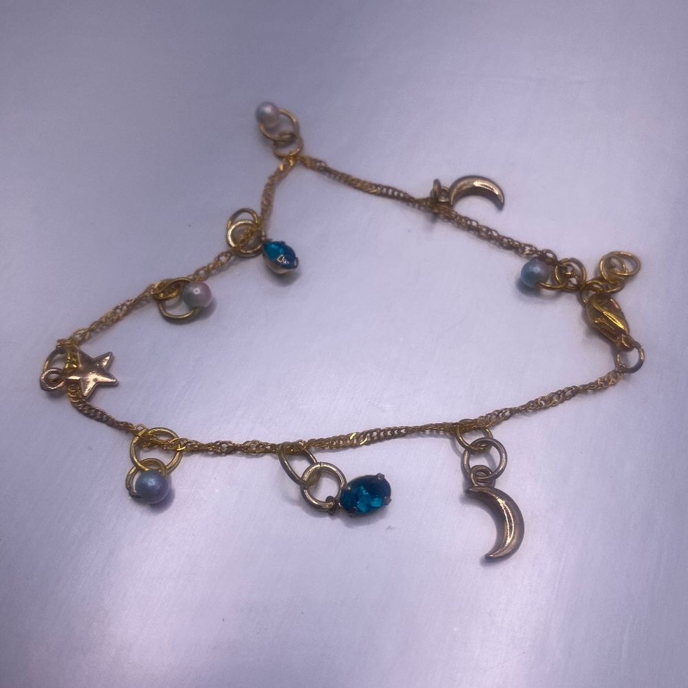 8 Inch Gold Moon and Crystal Rhinestone Anklet/Bracelet, Homemade Star Anklet